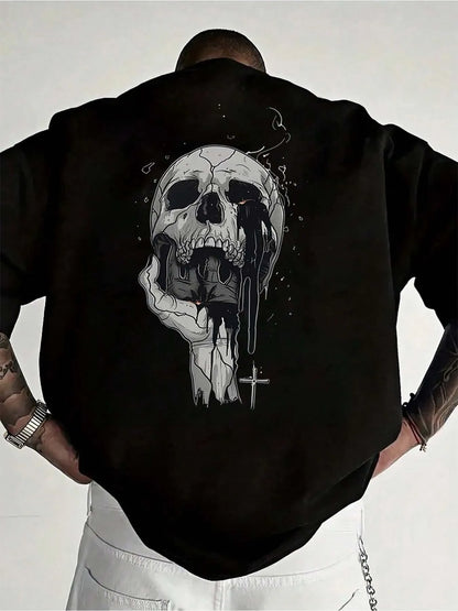 T-shirt hip-hop in cotone da uomo con stampa teschio 